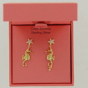 New Rachel Zoe Earrings - Seahorse hanging from a Starfish - Goldtone with CZ's